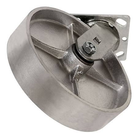 Angled bottom view of swivel caster with silver wheel